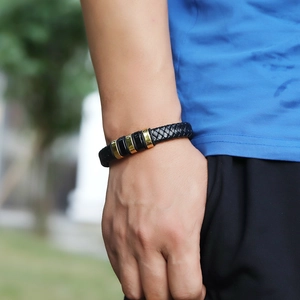 Men's braided black leather bracelet with two-tone gold and black stainless steel clasp