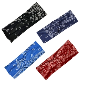 Set of four paisley pattern knotted wide headbands in black, navy, light blue, and wine red
