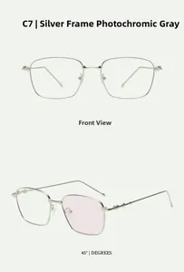 Detailed views of silver metal square sunglasses with photochromic grey lenses