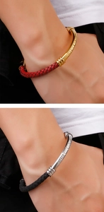 Détails des bracelets en cuir tressé avec chiffres romains sur tubes en noir et rouge