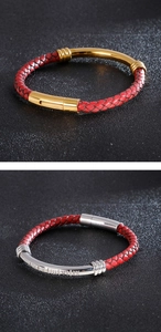 Détails de bracelets en cuir tressé rouge avec fermoirs magnétiques dorés et argentés gravés