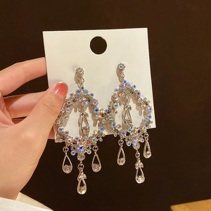 Silver 925 drop earrings with shimmering rainbow rhinestones and hollow diamond design