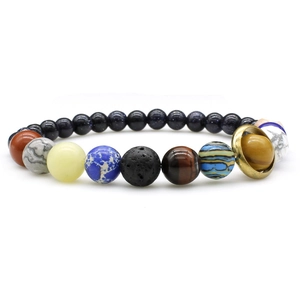 Eight Planets Galaxy Bracelet with Natural Stone Beads and Saturn Charm on White Background