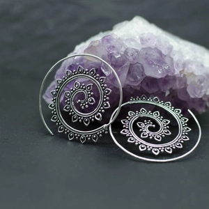 Tribal spiral mandala earrings in vintage silver finish on purple amethyst stones