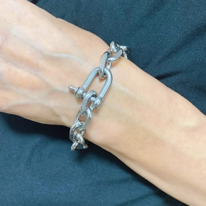 Detail of silver horseshoe buckle chain bracelet in industrial stainless steel punk style