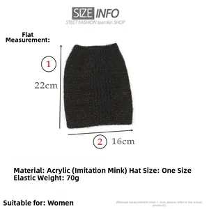 Size guide for faux mink fox ear knit hat showing 22cm height and 16cm width details