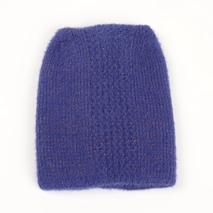 Detailed knit texture of purple faux mink fur beanie with sparkling gold metallic threads