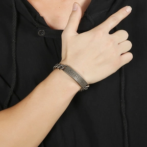 Vintage silver titanium steel tank chain bracelet with a 'pray' engraved cross bar