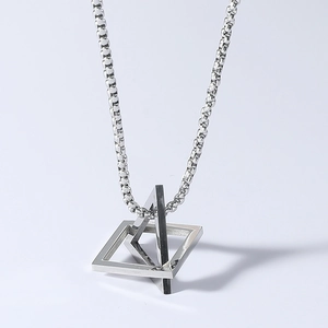 Unisex silver hip-hop necklace with geometric interlocking square and triangle pendant