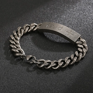 Men Vintage Stainless Steel Bracelet Cuban Link Chain With Engraved Pray Cross Plate Punk Hip Hop Jewelry Gift