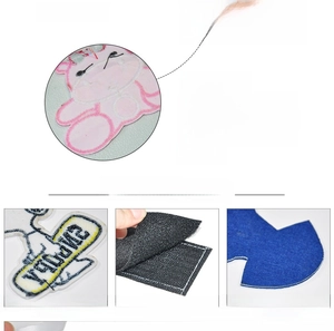 Detail of cartoon animal embroidery patch showing hot melt glue and velcro backing options