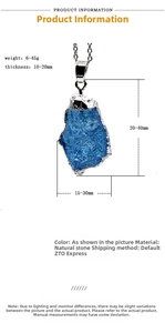 Macro view of blue raw crystal pendant with detailed dimensions and silver metal clasp