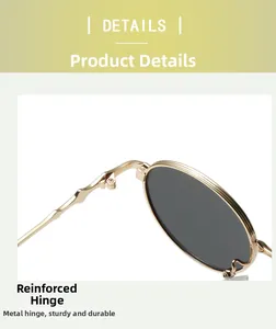 Macro shot of reinforced gold metal hinges on oval sunglasses for durable construction