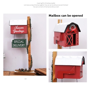 Detail showing the opening mechanism and festive decor on the red metal Christmas mailbox