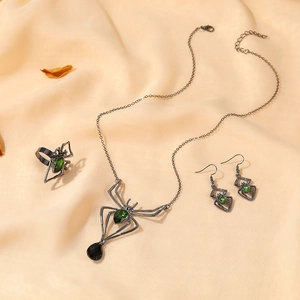 Halloween spider jewelry set with green gemstones including necklace, ring and earrings