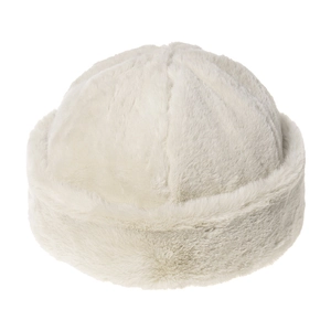 Close-up of soft white faux fur texture on a thick padded winter skullcap beanie