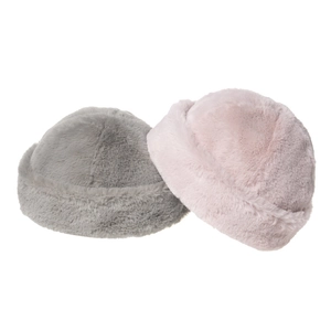 Detail of plush lamb wool docker hats in grey and pink showing soft fluffy texture
