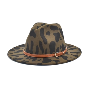 Detail of green leopard print wool fedora hat with brown leather belt and gold buckle