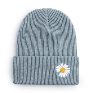 Blue ribbed knit beanie featuring white daisy embroidery and folded cuff for winter