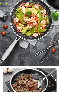 Detail of 316L stainless steel honeycomb frying pan with ergonomic heat-resistant handle