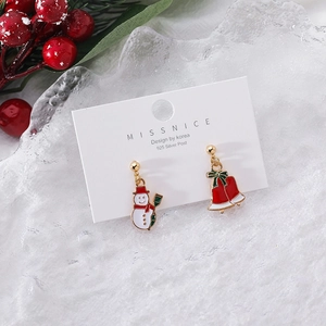 Detail of Christmas snowman and red bell earrings with 925 silver posts on a card