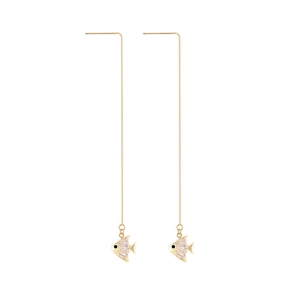 Boucles d'oreilles pendantes poisson dorées avec zircons blancs et longues chaînes