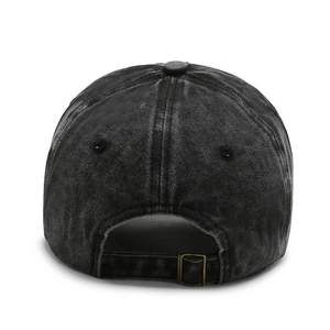 Vintage washed black denim baseball cap with adjustable metal buckle and retro embroidery