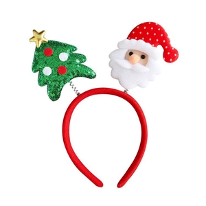Christmas headband with plush Santa Claus and green sequin tree on red fabric band