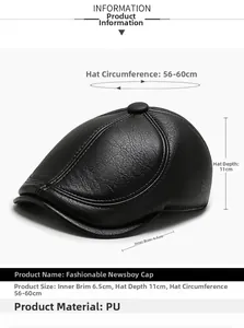 Nahaufnahme einer schwarzen PU-Leder Schiebermütze mit Maßen 56-60cm und Texturansicht