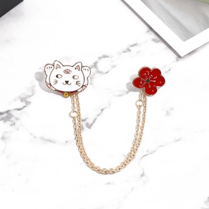 Japanese style lucky cat and plum blossom enamel chain brooch in gold and white finish