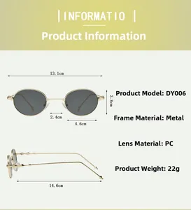 Detailed dimensions of retro oval metal sunglasses with frame width and lens height