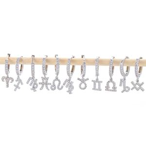 Macro detail of twelve constellation drop earrings with micro-pave cubic zirconia on wood