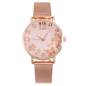 Women's rose gold quartz watch with pink floral dial and elegant mesh steel band