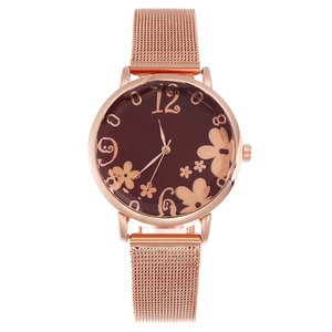 Women's rose gold watch with artistic flower dial and fine mesh stainless steel band