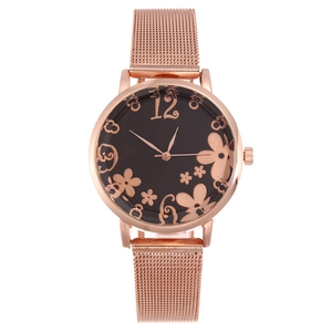 Artistic floral quartz watch with rose gold milanese mesh band and black dial
