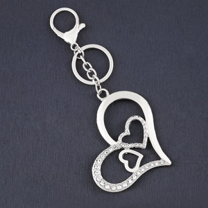 Sparkling rhinestone heart-to-heart pendant keychain with silver lobster clasp for bags