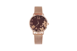Detailed view of rose gold mesh strap watch with flower pattern on burgundy dial