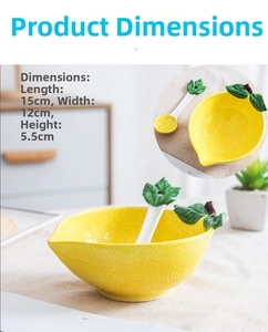 Macro detail of lemon-shaped ceramic bowl with textured surface and green leaf handle decor