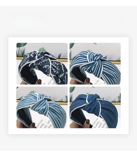 Detail view of denim striped fabric headbands featuring knotted designs and four blue patterns