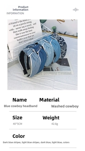 Detail view of blue denim striped headbands with knotted design and size dimensions