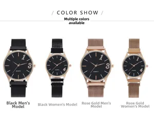 Montres à quartz avec bracelet en maille magnétique noir et or rose pour couples