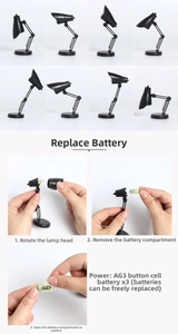 Détail montrant le remplacement facile des piles de la mini lampe de bureau LED pliable