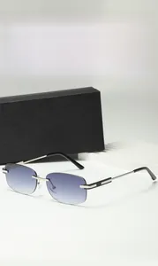 Detail view of rimless fashion sunglasses with blue-purple gradient lenses and silver arms