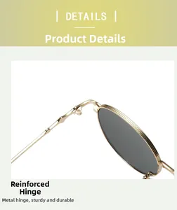 Close-up of reinforced metal hinges and frame dimensions on retro oval sunglasses