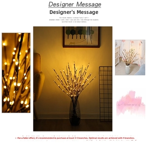Detailed close-up of warm yellow LED beads on brown artificial branch light decor