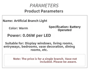 Detailed technical parameters for warm white LED willow branch lights with battery power