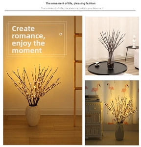 Close-up of flexible brown LED branch lights with warm yellow beads in a vase decor