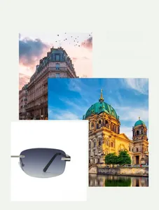 Detail of frameless sunglasses with blue gradient lenses and slim silver metal temples