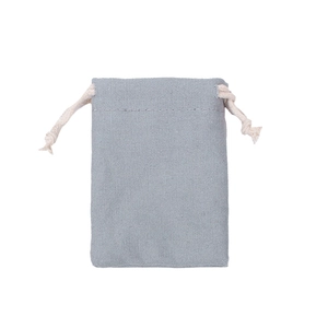 Detail shot of light grey canvas drawstring bag showing fabric texture and beige rope