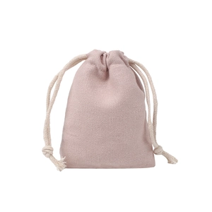 Detail shot of mauve linen drawstring pouch showing fabric texture and dual cord closure